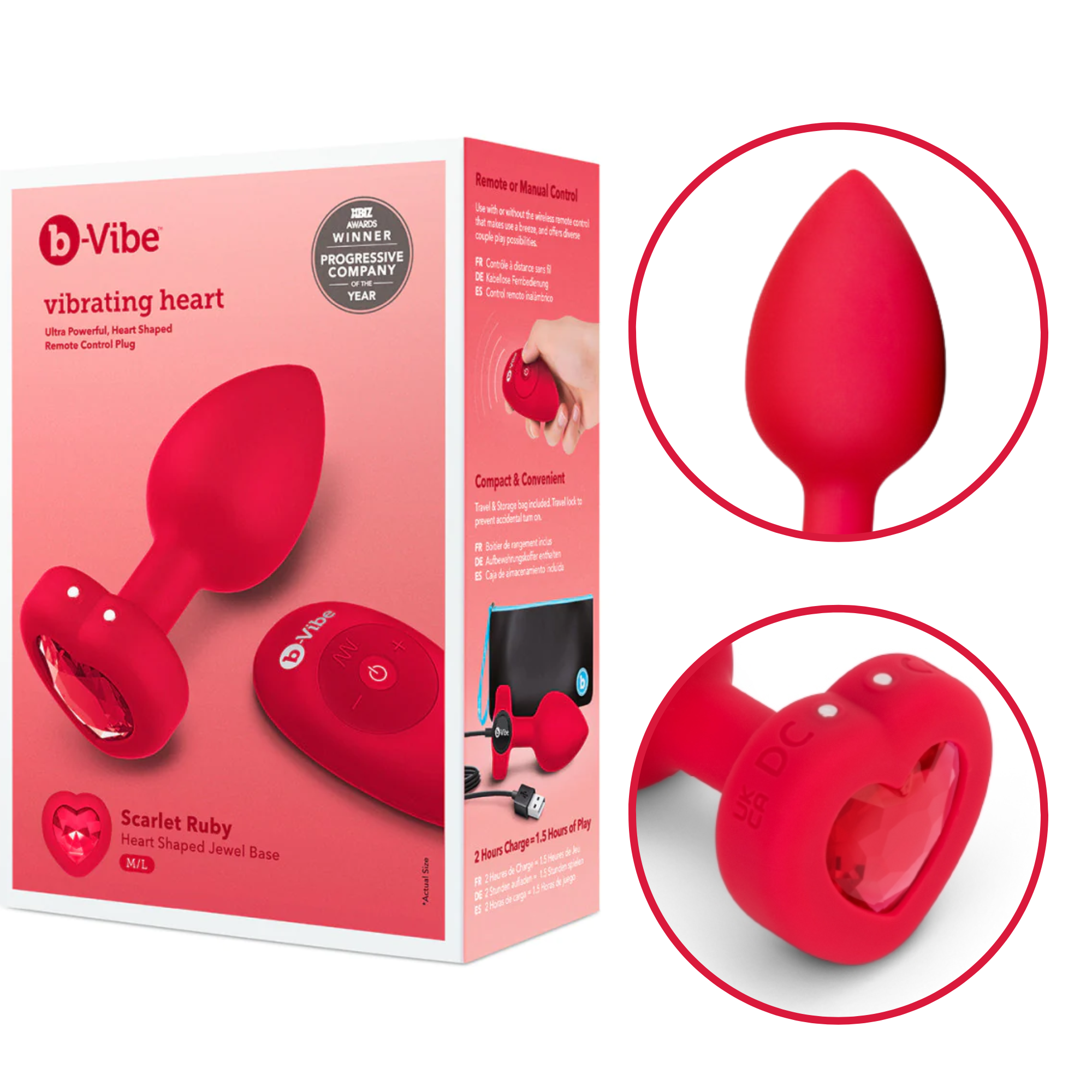 b-Vibe Vibrating Heart Silicone Rechargeable Jeweled Butt Plug with Remote 