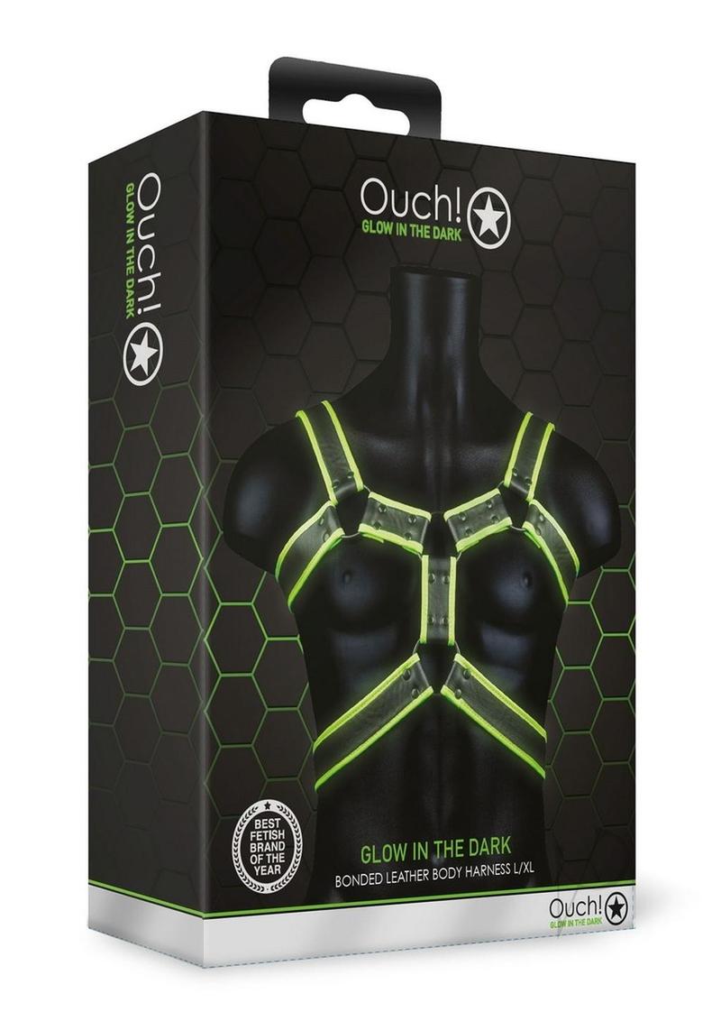 Ouch Glow in the Dark Bondage Gear Adjustable Leather Body Harness For Men